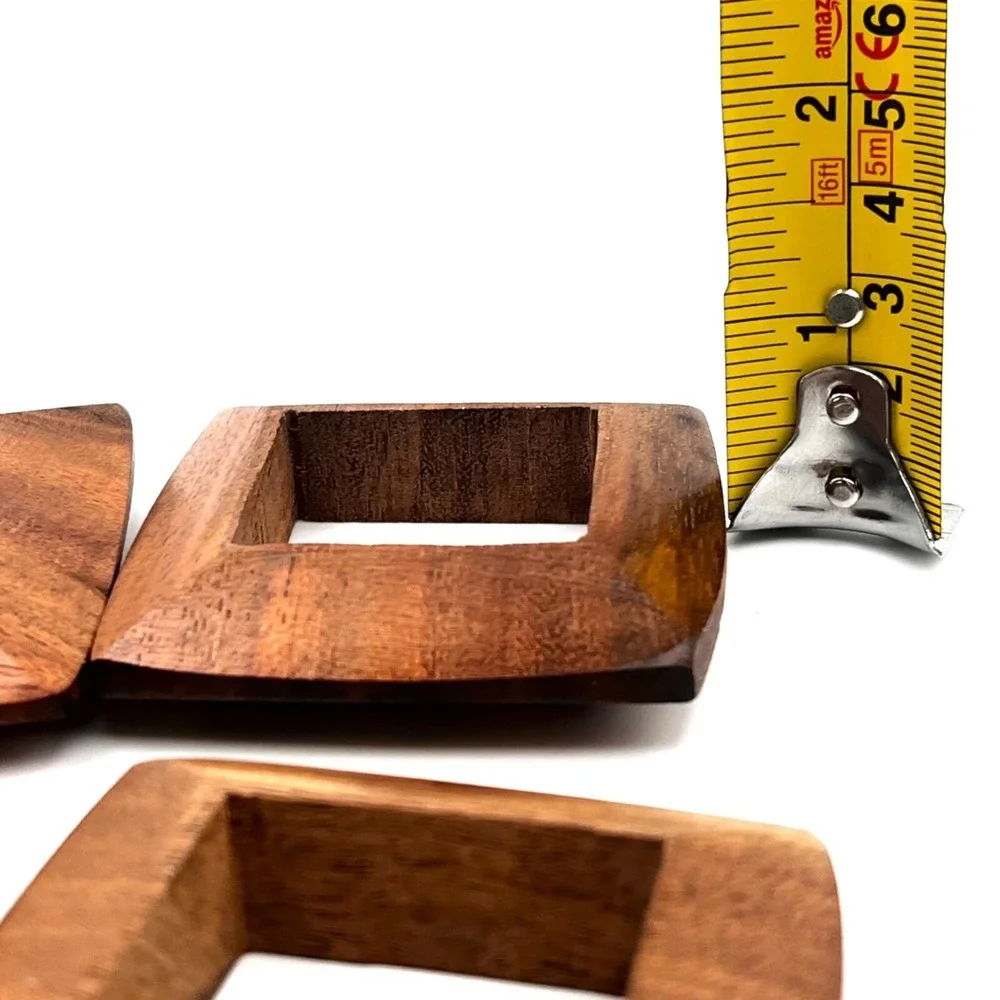 Vintage Square Wooden Napkin Rings Handmade Teak Wood MCM 2.5